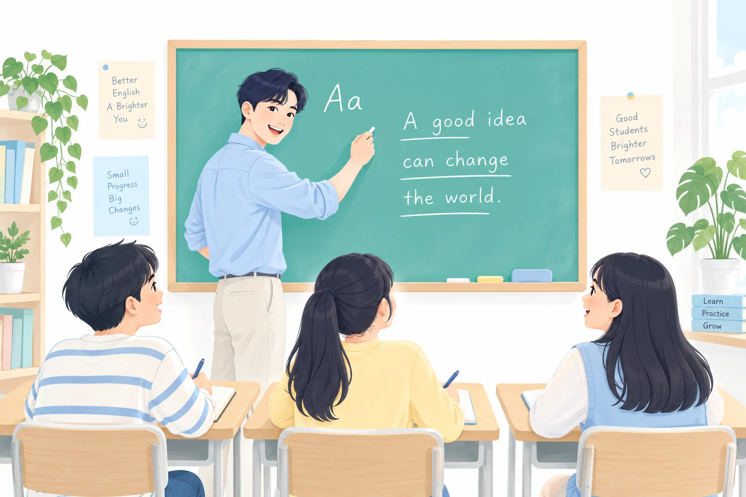 밝은 교실에서 선생님의 판서수업을 듣고 함께 공부하는 학생들 일러스트
